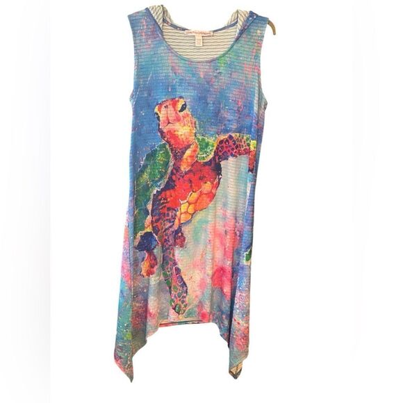 Leoma Lovegrove L Blue Large Colorful Sea Turtle Hoodie Beach Swim Cover Dress - Picture 2 of 7
